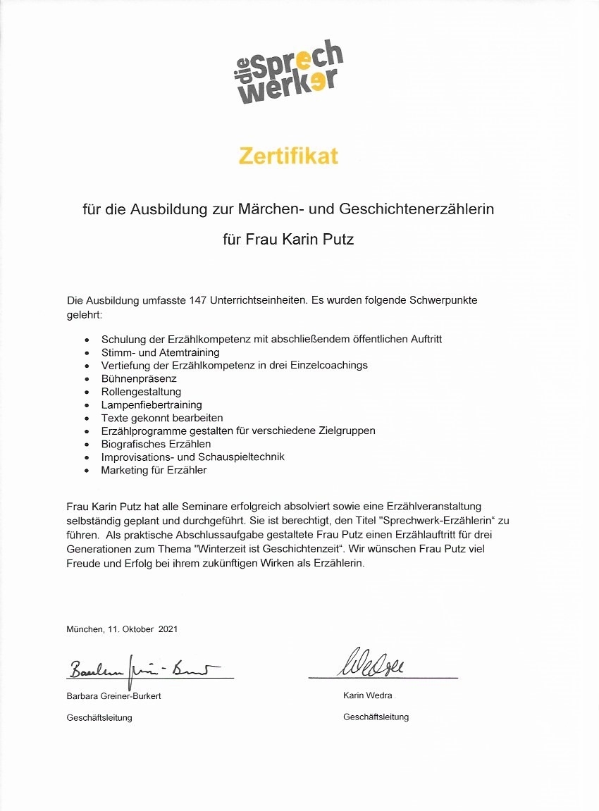Zertifikat für die Ausbildung zur Märchen und Geschichtenerzählerin